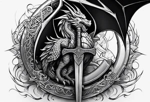 Valhalla word sword shield dragon axe tattoo idea
