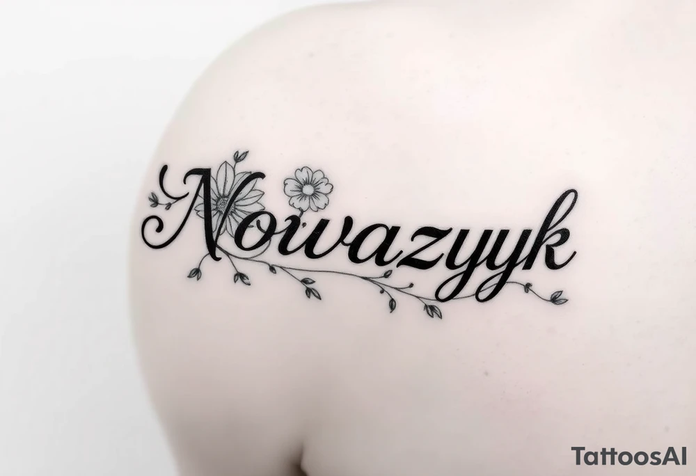 The word "Nowaczyk" with three flowers and vines on the lower tricep, medium size tattoo idea