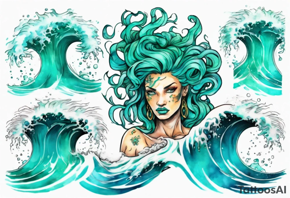 a beautiful turquoise gorgon emerging from an ocean wave, crashing onto the shore tattoo idea