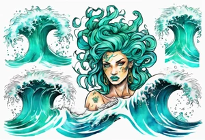 a beautiful turquoise gorgon emerging from an ocean wave, crashing onto the shore tattoo idea