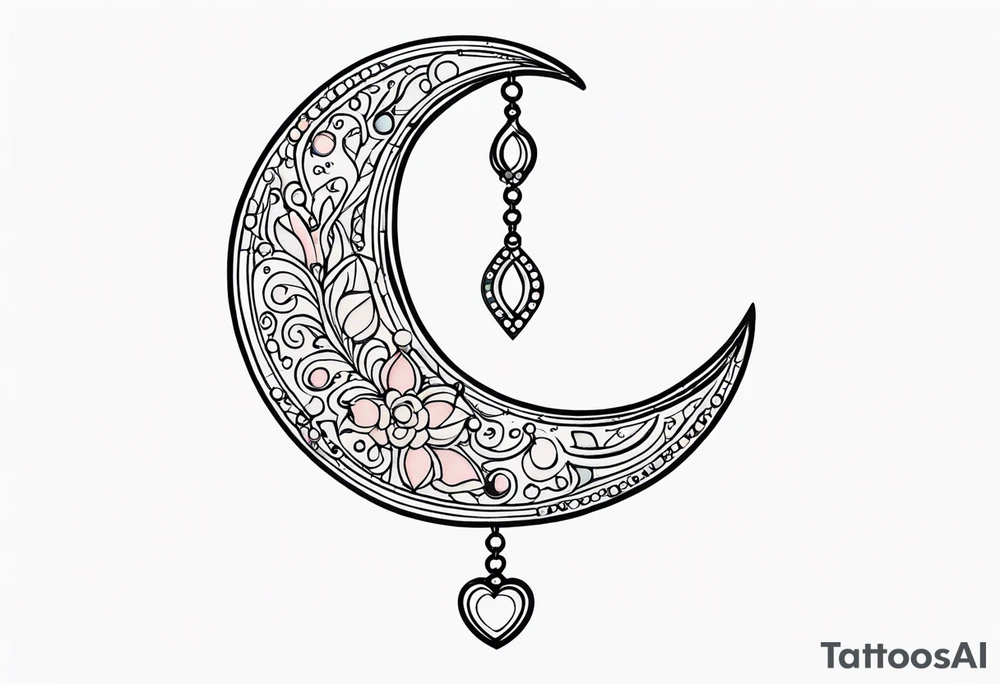 Crescent moon with heart shaped jewels dangling from the bottom of it tattoo idea