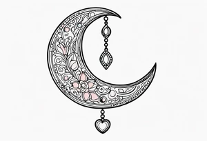 Crescent moon with heart shaped jewels dangling from the bottom of it tattoo idea