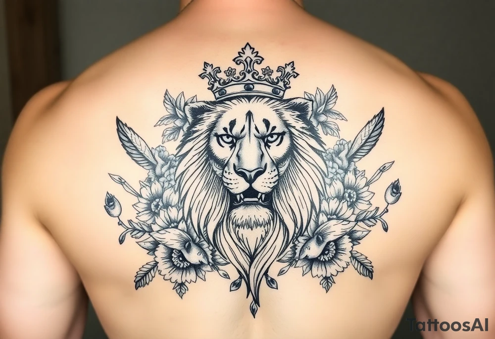 powerful majestic lion with a crown, surrounded by floral ornaments and birds tattoo idea