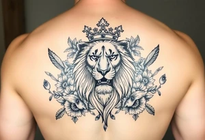 powerful majestic lion with a crown, surrounded by floral ornaments and birds tattoo idea