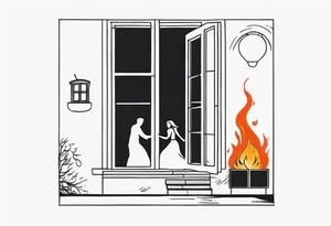 two people slow dancing in a burning room but the outside of the house is burning and you can only see them through a small window tattoo idea