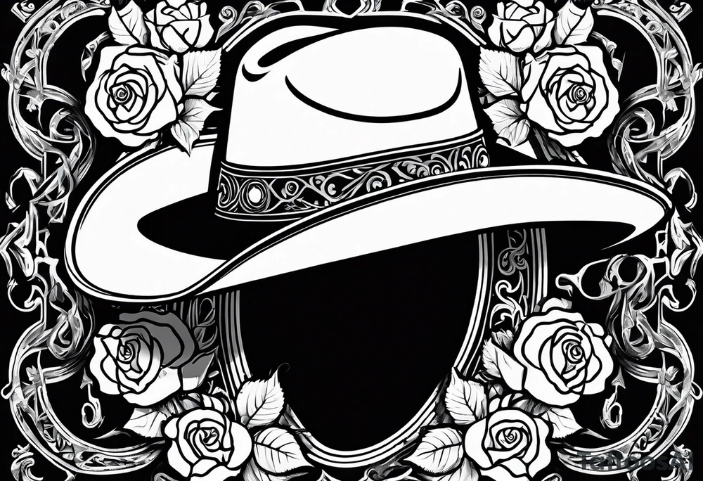 Country acoustic guitar with cowboy hat, barbed wire and roses in background tattoo idea