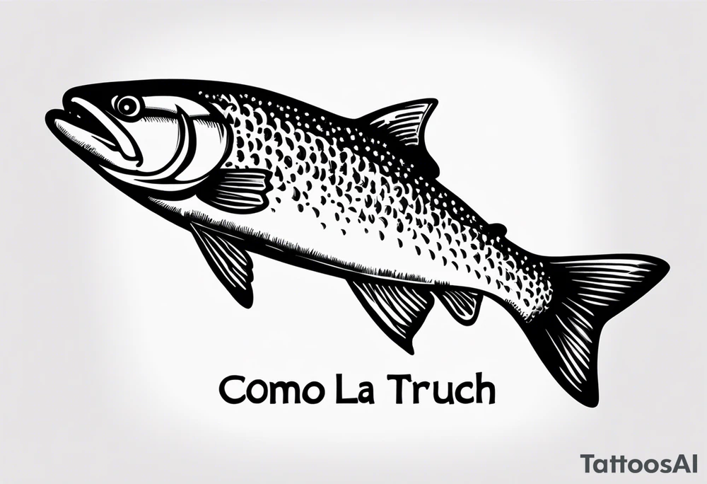 A small tattoo with a shaded trout and text that says, 'Como la trucha...' drawn with fine lines." tattoo idea