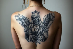 old angel statue (Santa Muerte style) criminal style tattooed and at the same time contemporary, weapons in hand, gangster-style gold necklaces tattoo idea