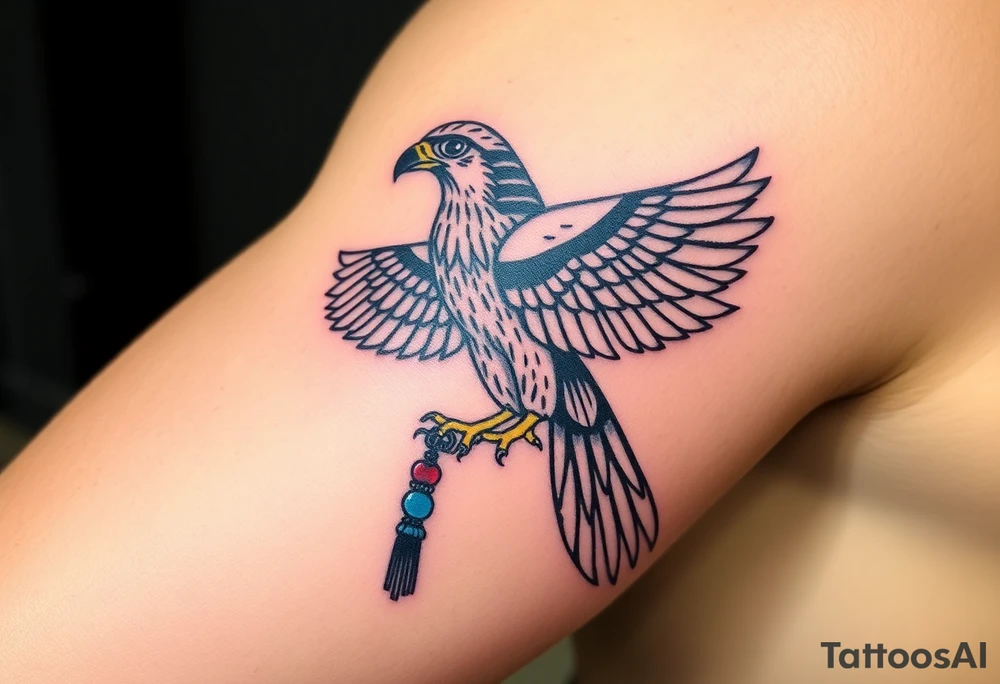 An Egyptian Falcon (Horus) Carrying a Rosary (only red , blue and black are possible colors) tattoo idea