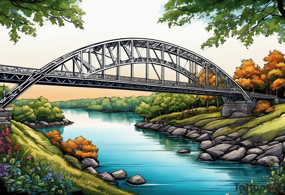 steel truss cantilever bridge over river, tattoo idea