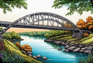 steel truss cantilever bridge over river, tattoo idea