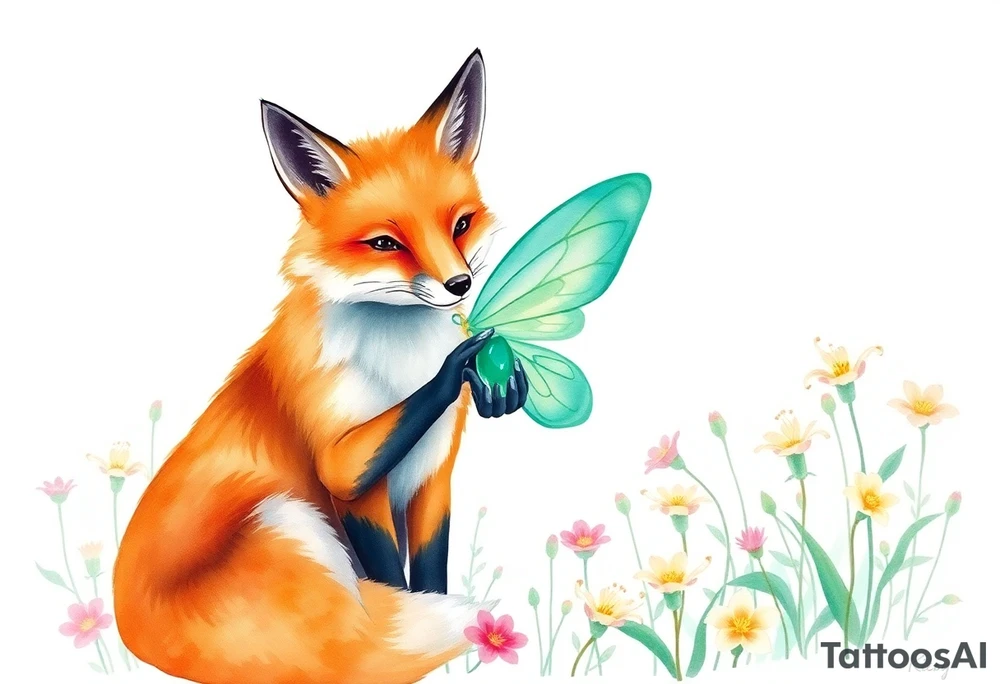 Fox with a fairy standing close to it  holding a emerild jem in a field of lillys tattoo idea