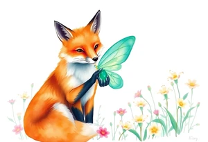 Fox with a fairy standing close to it  holding a emerild jem in a field of lillys tattoo idea