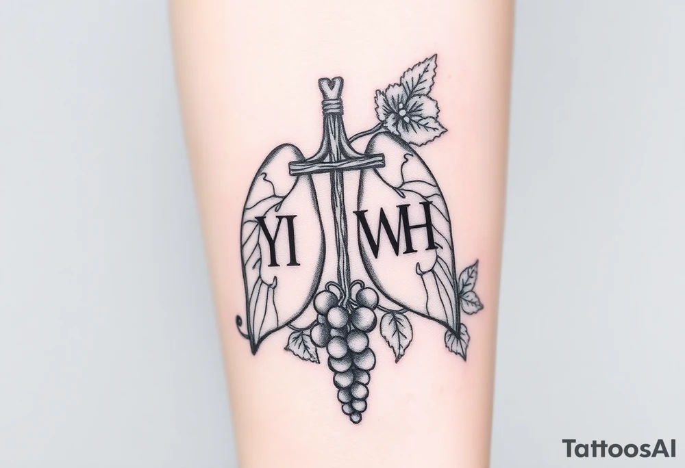 Initials "YH WH" in lungs with cross and grape on vine tattoo idea