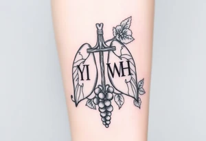 Initials "YH WH" in lungs with cross and grape on vine tattoo idea