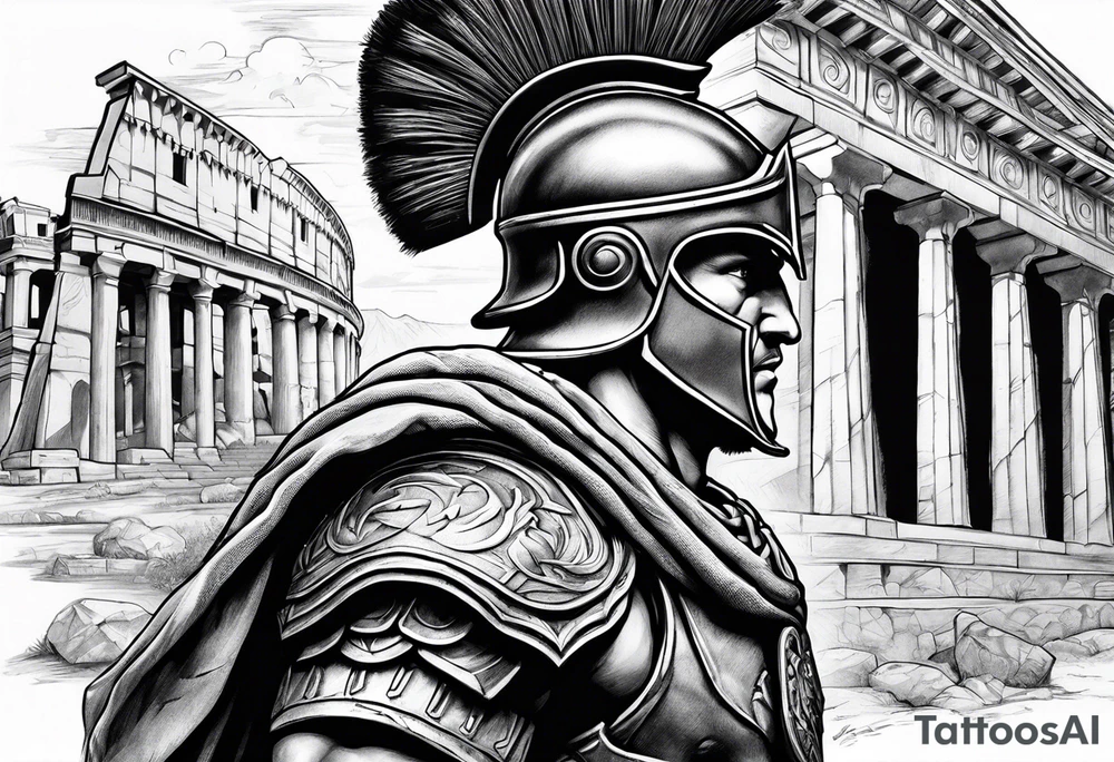 Side profile of spartan soilder with Roman buildings tattoo idea