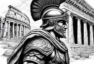 Side profile of spartan soilder with Roman buildings tattoo idea