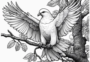 White Dove sitting on a tree branch with an eagle soaring overhead tattoo idea
