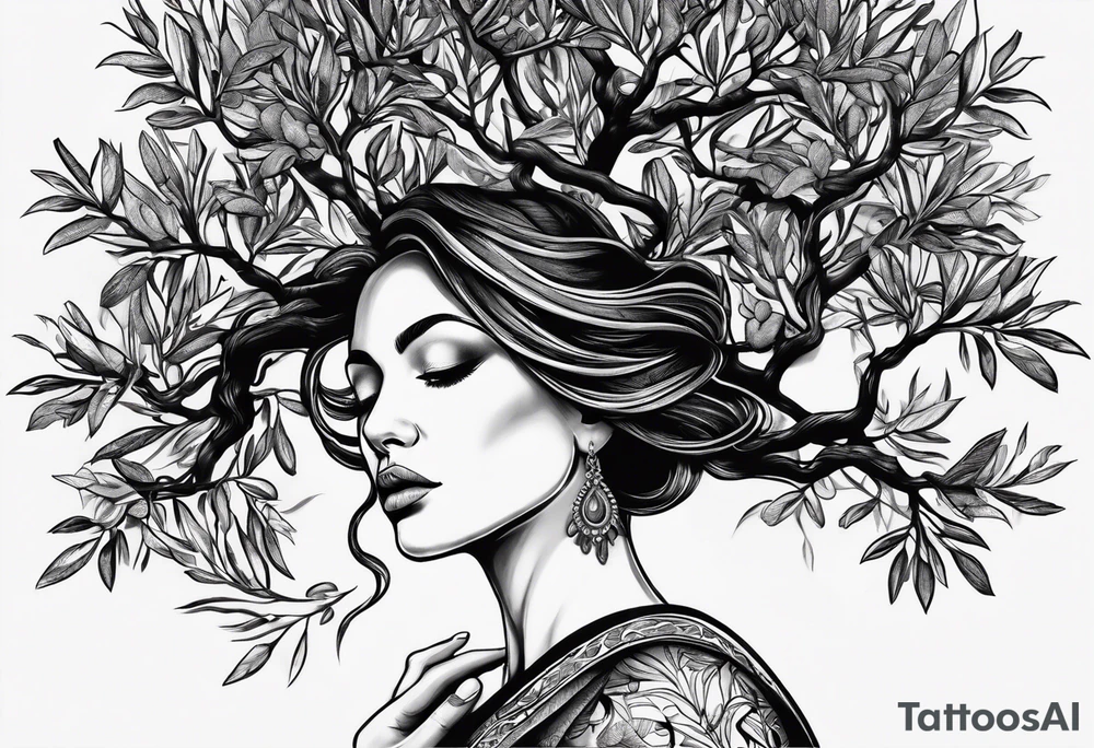 a woman turning herself in an olive tree tattoo idea