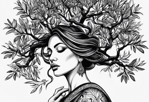 a woman turning herself in an olive tree tattoo idea