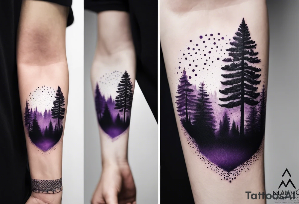 forest, purple and black, on forearm, fully covered, no borders, blackwork tattoo idea