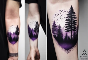 forest, purple and black, on forearm, fully covered, no borders, blackwork tattoo idea