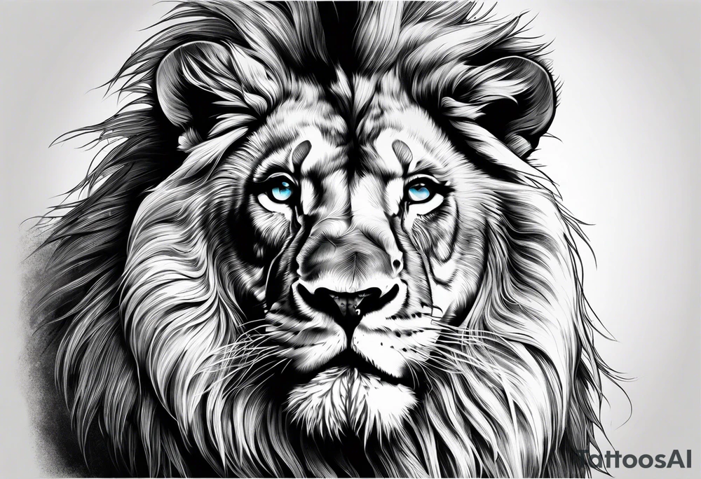 Lion roaring blue eyes black and white tattoo idea
