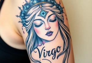 A serene goddess with closed eyes and a third eye glowing on her forehead, wrapped in a cosmic veil of navy blue and silver dust with the word virgo tattoo idea