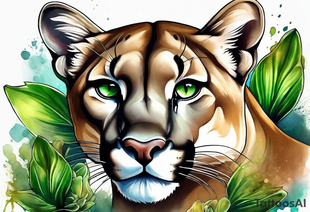 mountain lion with green orchids tattoo idea