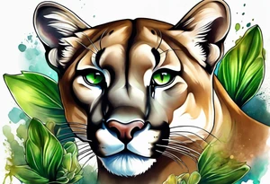 mountain lion with green orchids tattoo idea