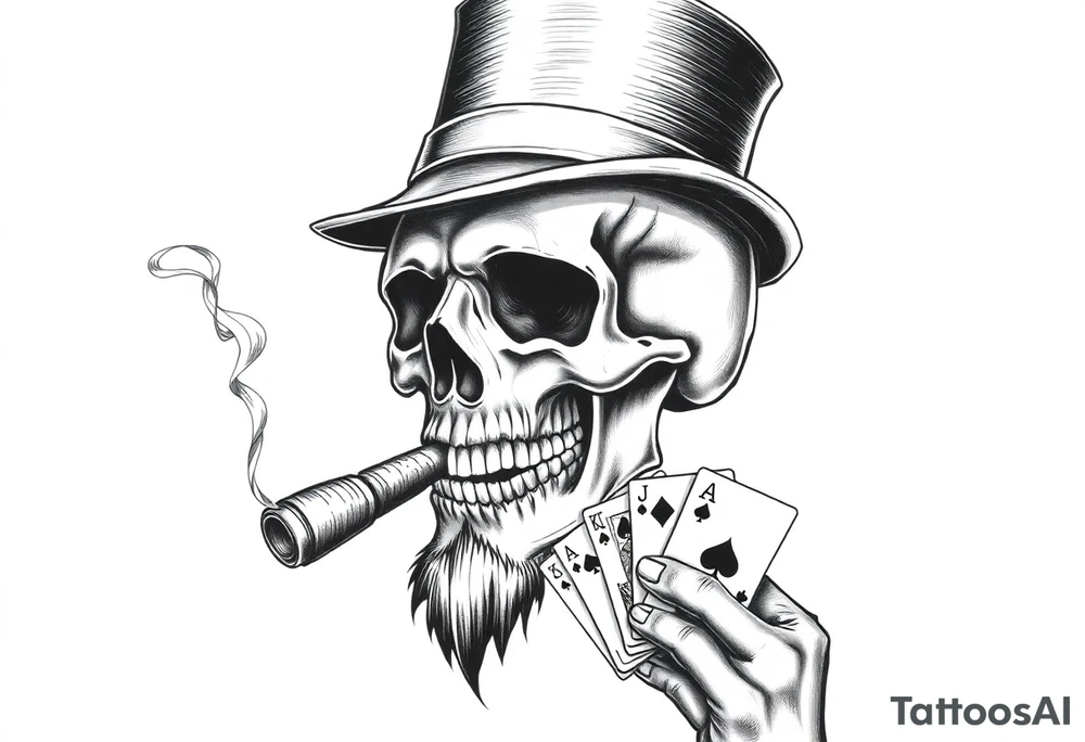 a skull with mustache, a big cigar in his mouth,top-hat on his head and playing cards in a hand. tattoo idea