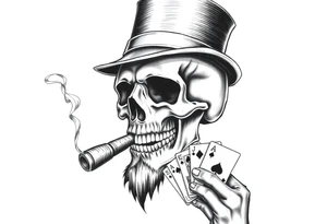 a skull with mustache, a big cigar in his mouth,top-hat on his head and playing cards in a hand. tattoo idea