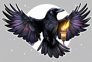 Gothic raven flying holding a candle with a star lite backgeound tattoo idea