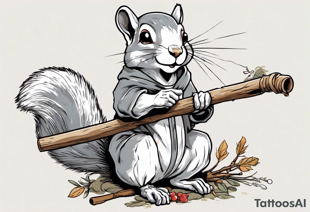 a grey squirrel dressed in a tunic holding a large white stick tattoo idea