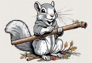 a grey squirrel dressed in a tunic holding a large white stick tattoo idea