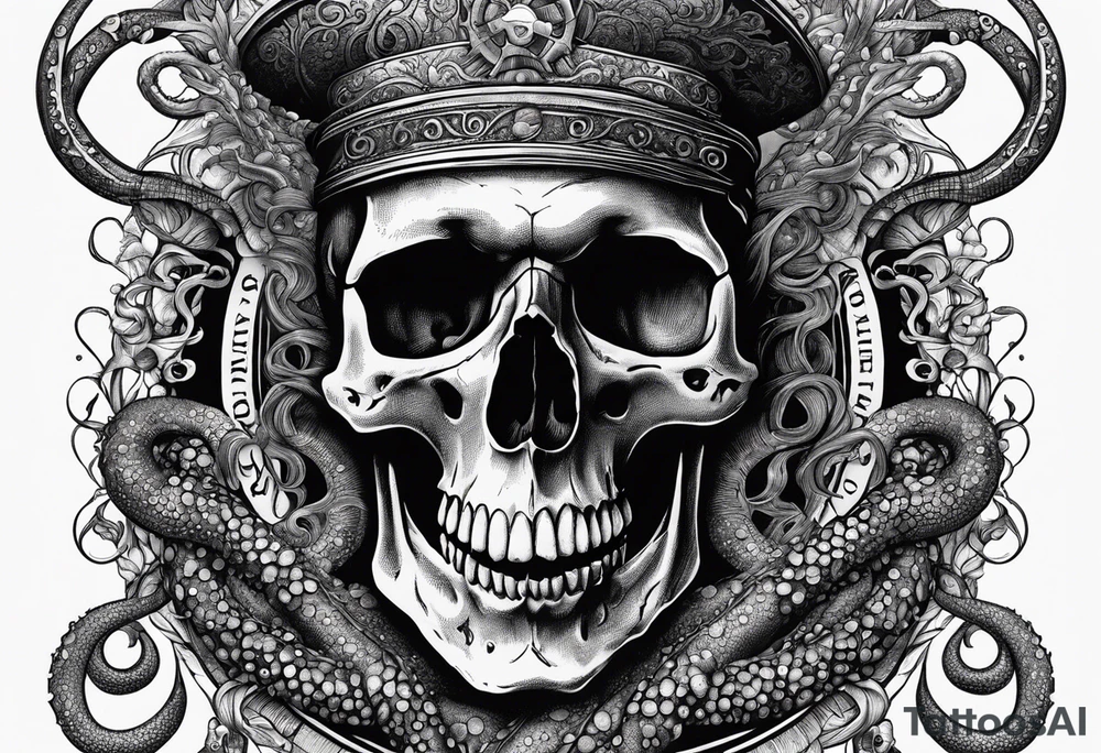 Skull with tentacles and text above and below  “Dead men, tell no tales” tattoo idea