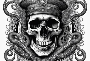 Skull with tentacles and text above and below  “Dead men, tell no tales” tattoo idea