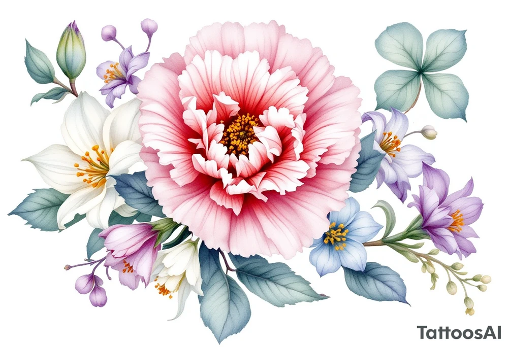 Carnation, Snowdrop, Larkspur, Water Lily, Daffodil, Clover tattoo idea