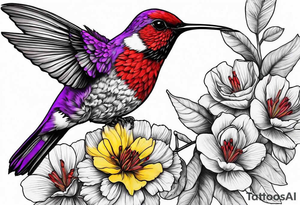 Got his dark sad Purple hummingbird, yellow finch, red cardinal, flower garden, tattoo idea