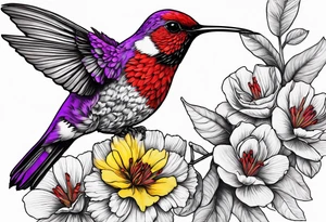 Got his dark sad Purple hummingbird, yellow finch, red cardinal, flower garden, tattoo idea