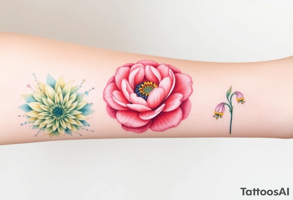 Three separate flowers. Chrysanthemum, peony, and larkspur. tattoo idea