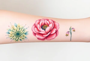Three separate flowers. Chrysanthemum, peony, and larkspur. tattoo idea