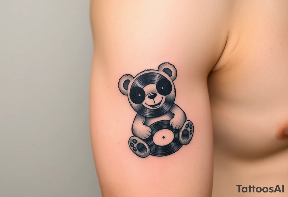 minimalist teddy bear with vinyl records as eyes smiling and sitting on a record tattoo idea