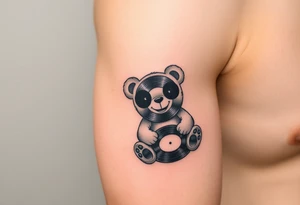 minimalist teddy bear with vinyl records as eyes smiling and sitting on a record tattoo idea