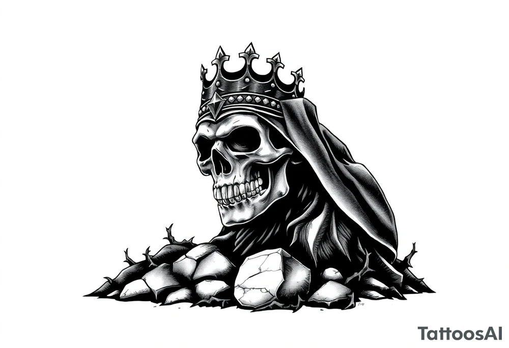 A crowned skull or warrior rising from a stone barrow, cloaked in shadows and thorns. tattoo idea