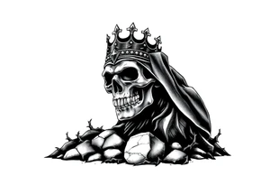 A crowned skull or warrior rising from a stone barrow, cloaked in shadows and thorns. tattoo idea