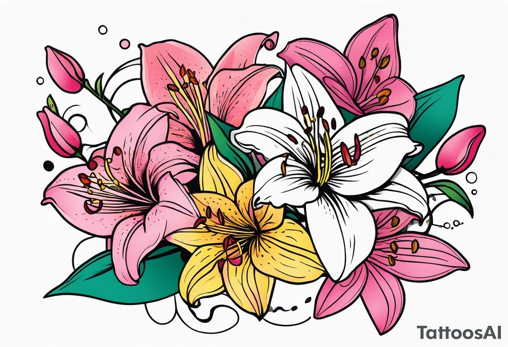 5 lilies and cherry blossom branch tattoo idea