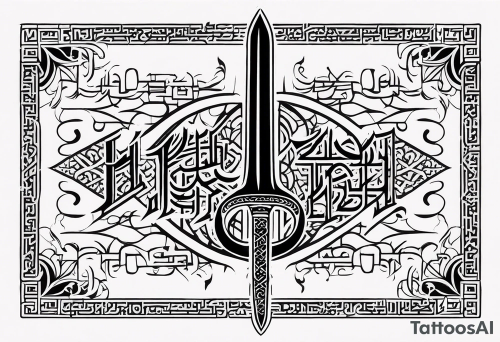 words in arabic calligraph in shape of sword tattoo idea