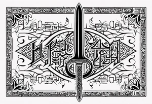words in arabic calligraph in shape of sword tattoo idea