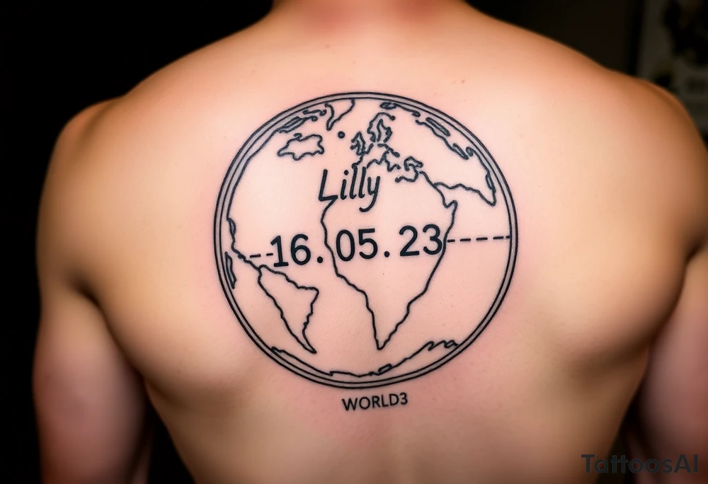 a globe with Lilly’s world and 16.05.23 on the shoulder tattoo idea
